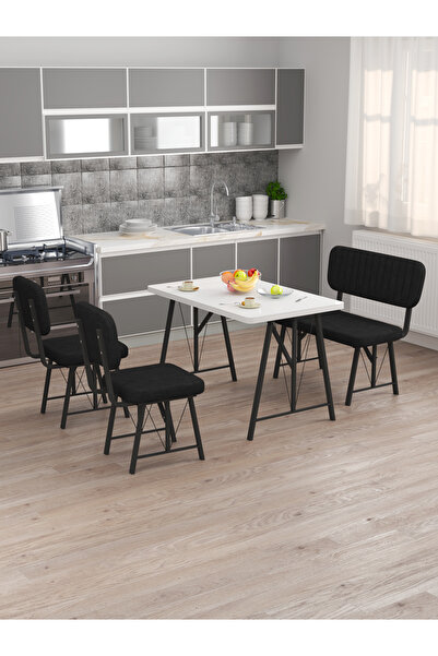 Mygusi Hayat 70x110 Beyaz Mutfak Masası, Mutfak Masası Takımı, Yemek Masası, 2 Sandalye 1 Bench - Siyah