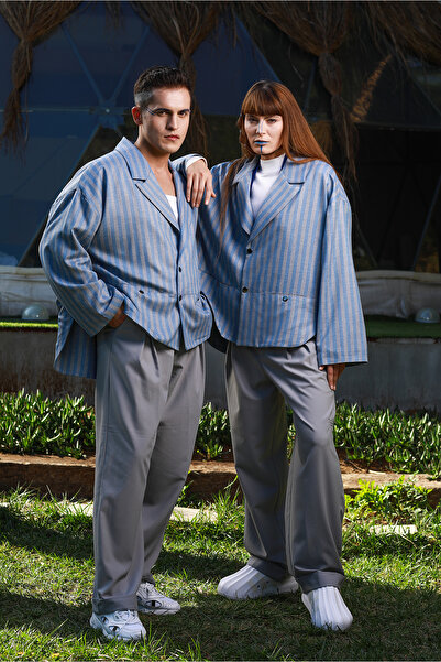 LoFiBuy Unisex Mavi Oversize Çizgili Premium Alt-üst Takım - Threee