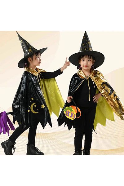 QUEEN AKSESUAR Imported girls boys children halloween holiday witch costume cape hat suit set gold black pattern