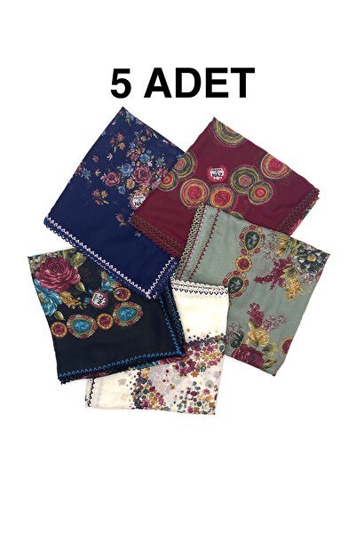 nazipek 5'li Set Toptan Hediyelik Çiçekli Desen Oyalı Pamuklu Yazma 100x100cm...