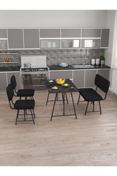 Mygusi Hayat 70x110 Bendir Mutfak Masası, Mutfak Masası Takımı, Yemek Masası, 2 Sandalye 1 Bench - Siyah