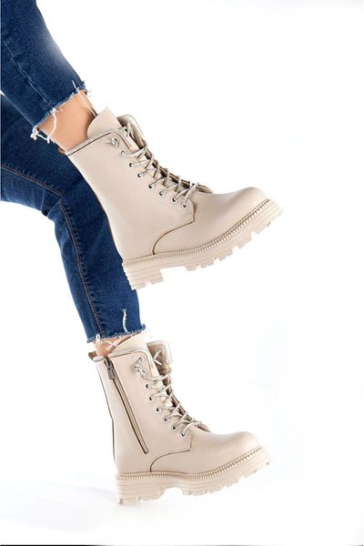 AYAKKABIMOOD Shoesmood Cc 3081 Γυναικείες μπότες με κορδόνια σε μπεζ πέτρα