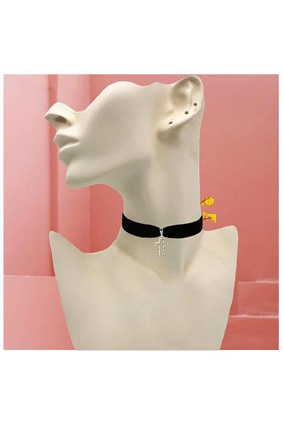 Bijustore Black Color Velvet Women's Cross Choker Chocker Necklace