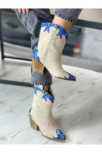 irmona DORİ BEJ SÜET MAVİ YILAN DERİSİ DETAYLI DALLAS WESTERN BOT