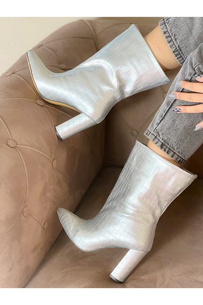 irmona PARIS SILVER MATLASAT Piele Lac Cu Toc CIZME SCURT BOTTİE