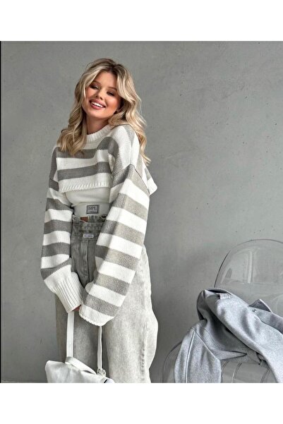 nathia outdoors Oversize Gri Beyaz Çizgili Triko Kazak