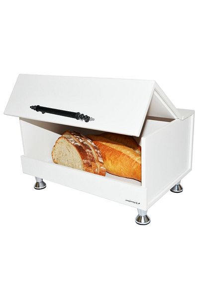 Mimoza Dignity Wooden Bread Box with White Black Handles and Chrome Legs