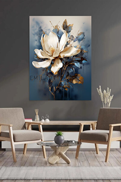 EMİLART MAVİ KREM TONLARINDA LOTUS ÇİÇEK HD KALİTE KANVAS TABLO