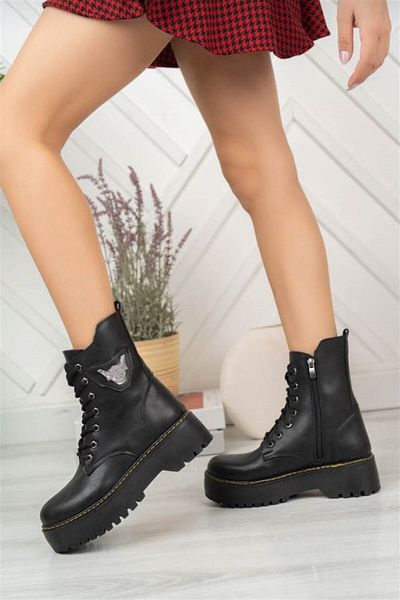 Aymood Black Skin Winter Stylish Women's Thick Sole Zippered Lace Up Medium Size 5 cm Heel Half Pu Leather Daily