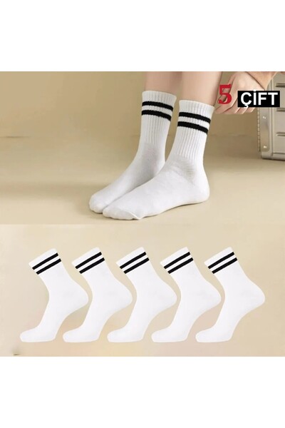çorapmanya 5 Çift Kadın Siyah Beyaz Çizgili Kolej Tenis Çorap