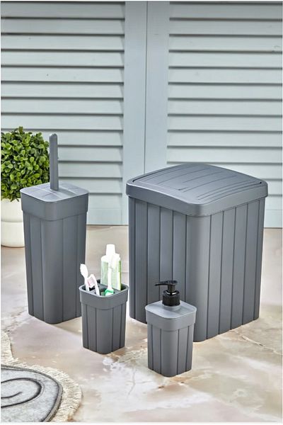 AHİR TİCARET Wick Pattern Plastic Luxury 4-Piece Toilet Bathroom Accessory Set