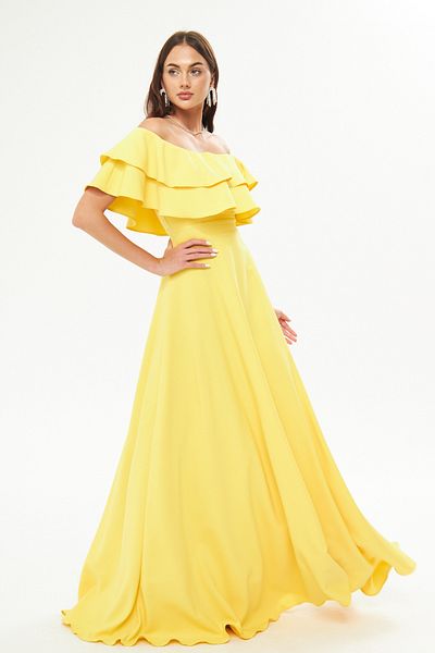 Bidoluelbise Off Shoulder Double Layer Ruffle Detail Neckline Maxi Length Flared Evening & Homecoming Dress