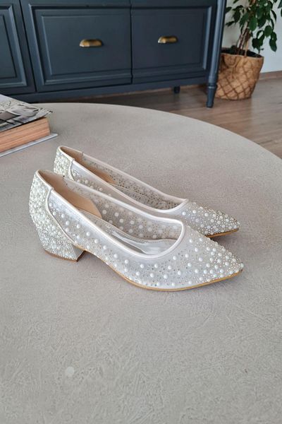 TOPUKLA 135 5335 Heeled Women's Thick Heeled Jewelled Tulle Evening Dress Shoes