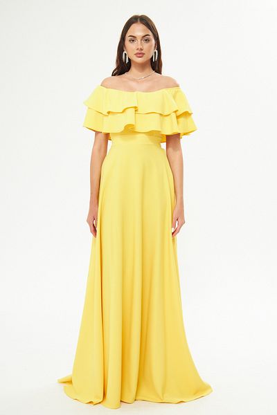 Bidoluelbise Off Shoulder Double Layer Ruffle Detail Neckline Maxi Length Flared Evening & Homecoming Dress