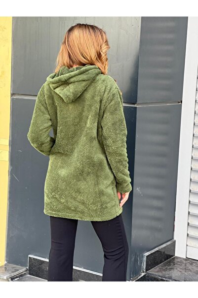 EtkiModa Women's Khaki Green Hooded Long Plush Jacket