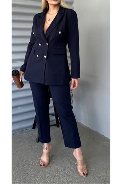 Butik Nilyam Γυναικείο παλτό Navy Blue Blazer με ζώνη και τσέπες Παντελόνι με πόδι σωλήνα σε μέγεθος
