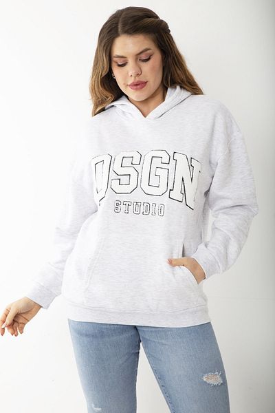 Şans Women's Large Size Gray Hooded Sweatshirt with Raised Embroidery and Kangaroo Pocket Detail 65N37206