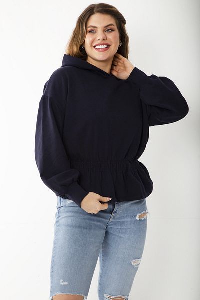 Şans Women's Large Size Navy Blue Ribbon Waist Hooded Sweatshirt 65N37205