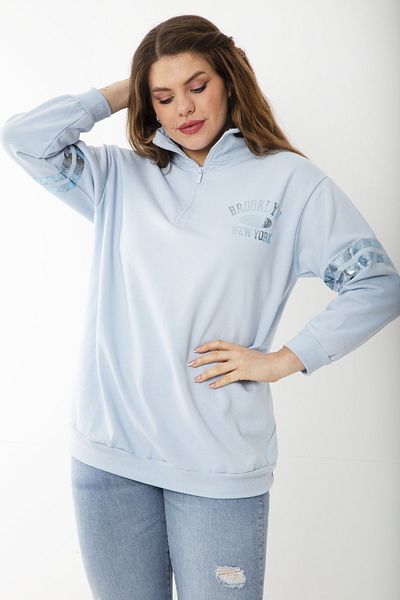 Şans Women's Large Size Blue Patchwork Zippered Lacquer Printed Two Thread Sweatshirt 65N37201