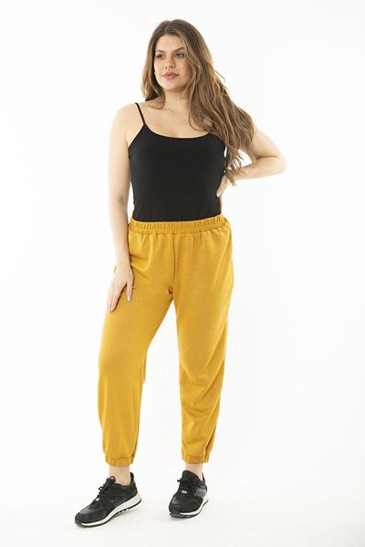 Şans Women's Large Size Mustard Double Face Fabric Tracksuit Bottom with Elastic Waist and Legs 65N37257