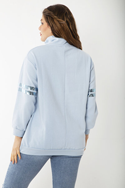 Şans Women's Large Size Blue Patchwork Zippered Lacquer Printed Two Thread Sweatshirt 65N37201