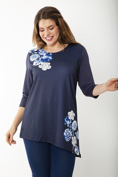 Şans Women's Large Size Navy Blue Hem Asymmetrical Capri Sleeve Blouse 65N37223