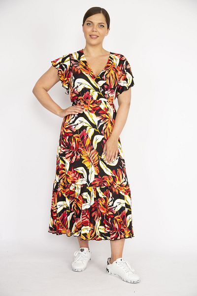 Şans Women's Plus Size Colorful Wrap Collar Long Dress 65N37262