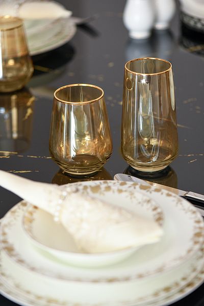P H Panayır Home 18 Pieces Gold Gilded Water Soft Drink and Stem Set Dinner Tableware GLASS DOWNWAY SET