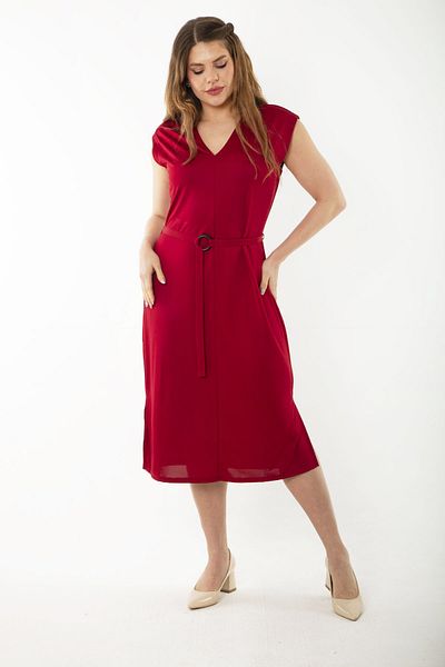Şans Women's Plus Size Burgundy V-Neck Belted Waist Jersey Dress 65N37259