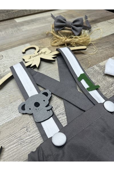 Feriatolye Koala concept baby boy birthday gray salopette bow tie socks set