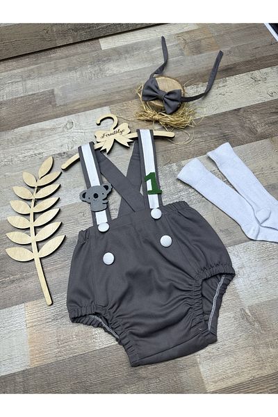 Feriatolye Koala concept baby boy birthday gray salopette bow tie socks set