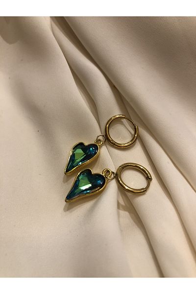 Venüs Accessory Green Stone Heart Steel Earrings