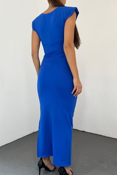 vuvutasarım Flexibilná potápačská tkanina detailný rozparok s dvojitým golierom ramenné vypchávky v strednej dĺžke saks modré šaty 5031