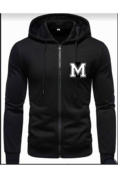 ELSİ Letter M Printed Black Thick Winter Fabric Unisex Zip Hooded Jacket zipp...