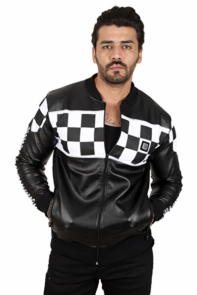 DeepSEA Palton din piele artificială cu fermoar alb-negru pentru bărbați2100182