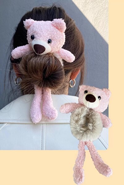Genel Markalar Pembe Renk Krem Peluş Detaylı Ayıcık Figürlü Simit Toka
