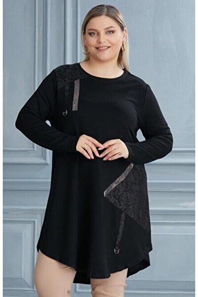 For Big Trend Women's Plus Size Pattern Blocked Accessory Detail Bias Cut Long Flexible Viscose Tunic