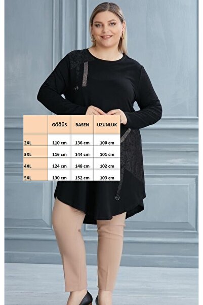 For Big Trend Women's Plus Size Pattern Blocked Accessory Detail Bias Cut Long Flexible Viscose Tunic