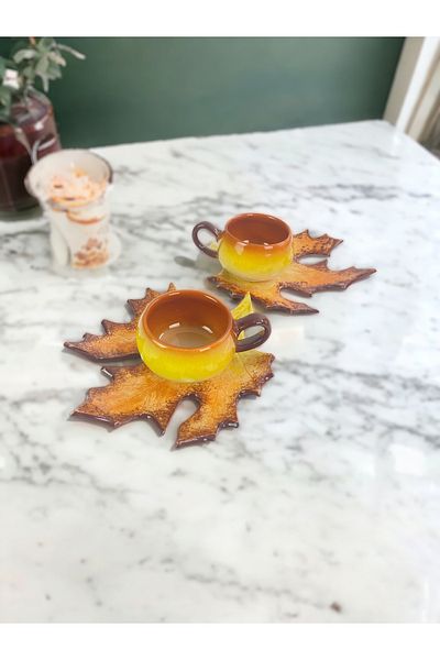 Artistic Quality Decorative Plane Leaf Figured Tea Coffee Cup Set in Yellow and Coffee Colors for 2 People