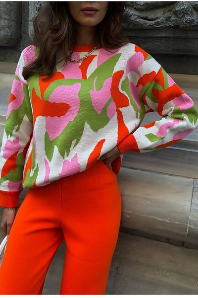lovebox Knitwear Fabric Piece Pattern Long Sleeve Crew Neck Sweater and Wide Leg Trousers Orange Double Suit 8050