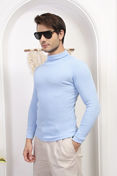 CATSPY Erkek Mavi Boğazlı Triko Lycra Kazak