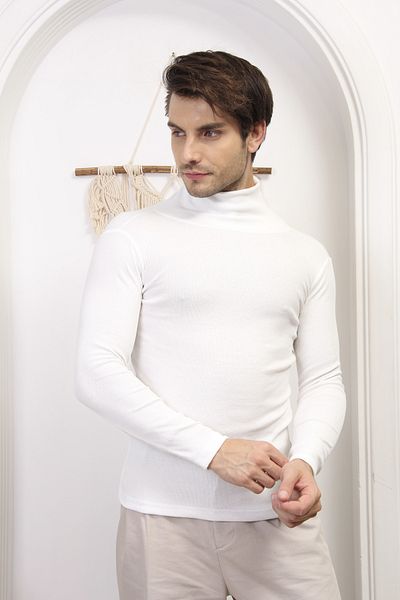 CATSPY Men's White Turtleneck Knitwear Lycra Sweater
