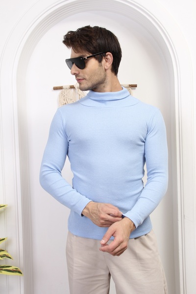 CATSPY Erkek Mavi Boğazlı Triko Lycra Kazak