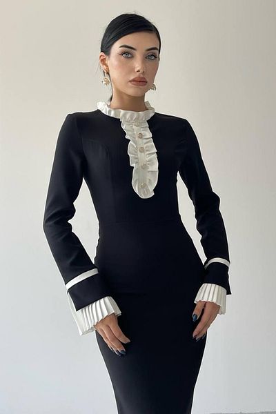 vuvutasarım Cotton Atlas Fabric High Collar and Pleat Detailed Long Sleeve Midi Length Black Evening Dress 169