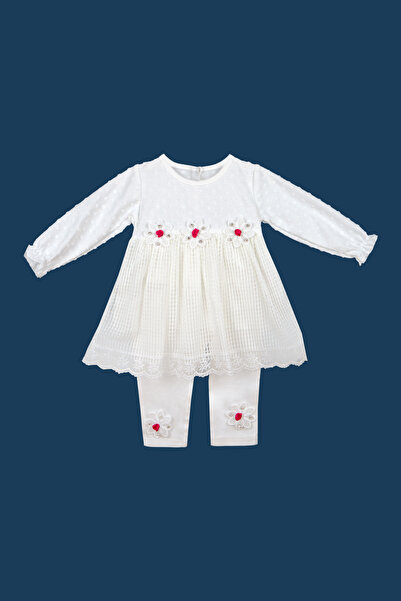 BUMEFA Kız Bebek Fisto Dantelli Elbise-Taytlı ve Motifli Çiçek Detaylı Bebek ...