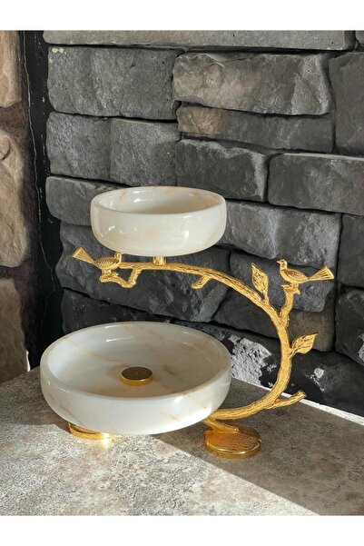 Polen Stone Mermer dekoratif Gold Aksesuarlı Etajer 2 katlı İkramlık / sunum