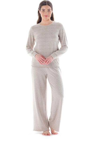 Evimmis FEYZA ДЪЛЪГ РЪКАВ ЗИМЕН ДАМСКИ ПИЖАМЕН КОМПЛЕКТ БЕЖОВ