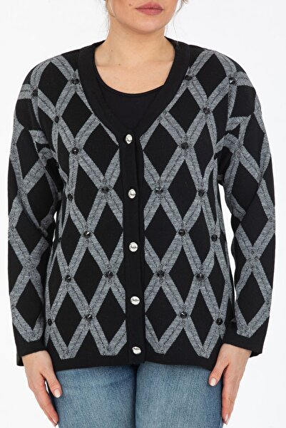 trikobis Diamond Patterns Glitter and Stone Embroidered V-Neck Oversize Wool ...