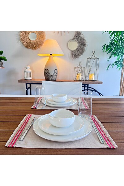 desen izmir American Service, Jute Textured, Linen Linen Red Stripe 6 Pieces