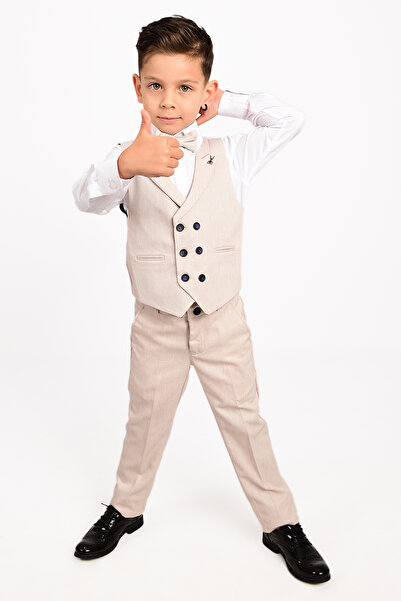 Merdia Kids Erkek Çocuk Takım Elbise 6 Düğmeli Şal Yaka Yelekli Papyonlu Smokin